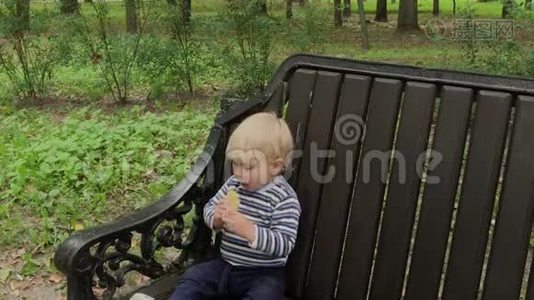 小男孩在公园的长凳上吃饼干。视频