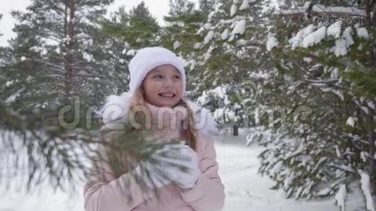 可爱的女孩在下雪的树林里笑。视频