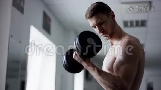 在健身房用裸身哑铃进行强壮的健美锻炼视频