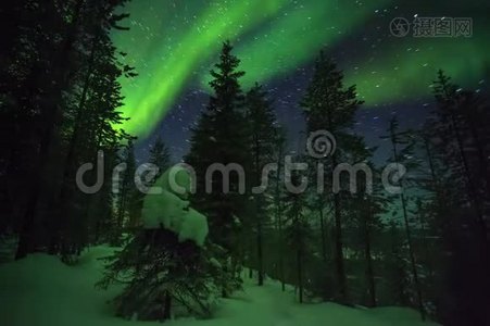 累积时间流逝的森林，星空，星迹和绿色北极光在芬兰蓝领视频