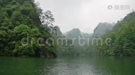 雾中覆盖热带森林的张家界山脉的河流景观视频