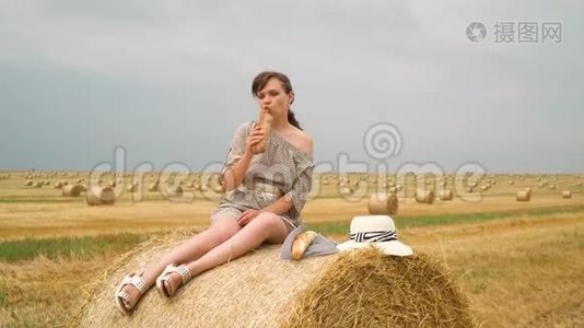 一个年轻的女孩坐在蓓蕾的顶上，夏天的晚上在麦田中央吃面包视频