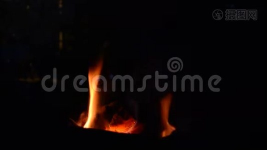自然的火焰从火中冒出来，橙色的火焰在夜晚的空地上，木柴慢慢燃烧和燃烧，乡村的生活视频