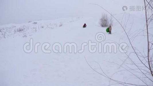 孩子们骑着雪橇从雪山上骑。 女孩在圣诞节假期在公园里玩冬天。 孩子们从高处滑过视频