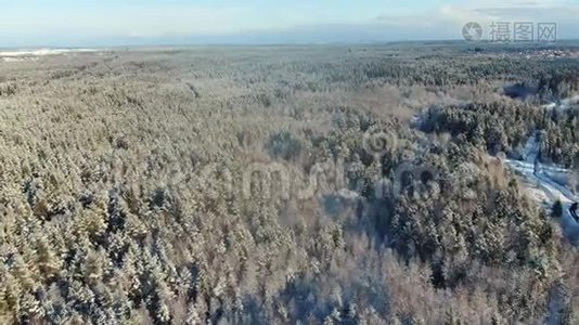 在冬日的蓝色多云天空下，鸟瞰令人惊叹的森林风光和覆盖着雪的冰冻树木视频