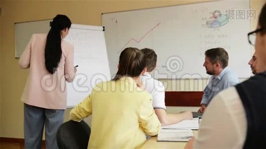 自信的女商人向会议室里的同事展示挂图。 执行经理视频