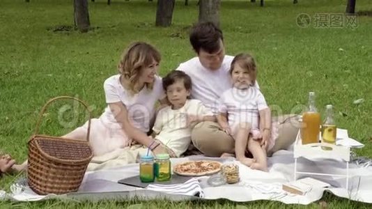 一家人在阳光明媚的夏日野餐的画像视频