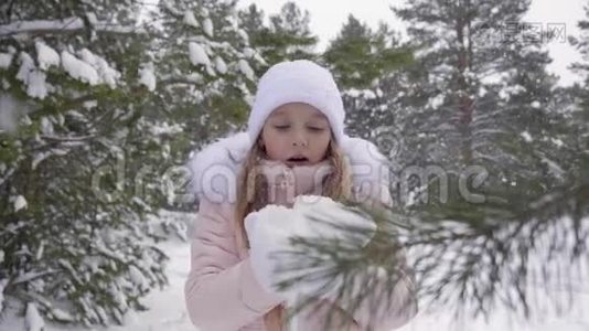 十几岁的女孩用手吹雪。视频