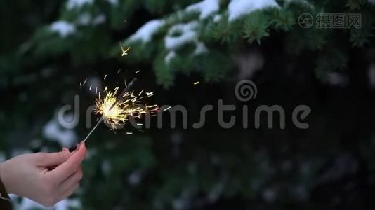 女人手中的孟加拉灯或闪光灯闪烁灯。 背景雪中的圣诞树视频