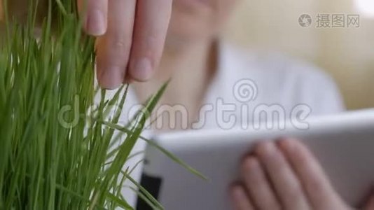 一个穿着白色工作服的女人检查青草芽，并将数据输入计算机。视频
