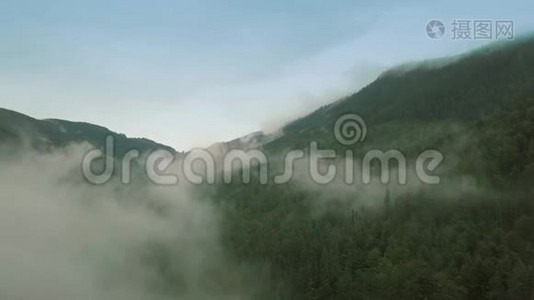 神秘而多雾的无人机在山上的雨林上空飞行。 在雾上方飞行前进视频