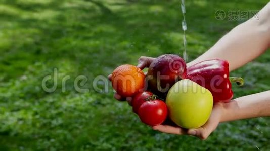 手拿着蔬菜和水果，上面有水，潮湿的蔬菜和水果，以保持卫生视频