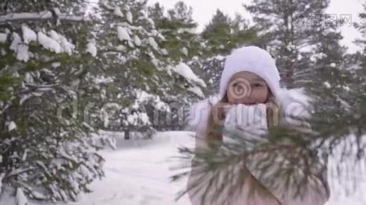 冻僵的少年女孩，在冬天的森林里下雪，在寒冷的日子里散步视频