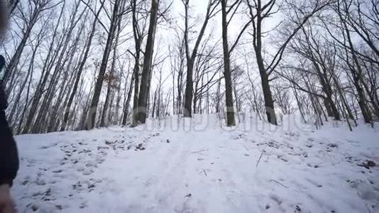 家庭冬季活动，托博根的小男孩骑着车从森林里的雪山视频