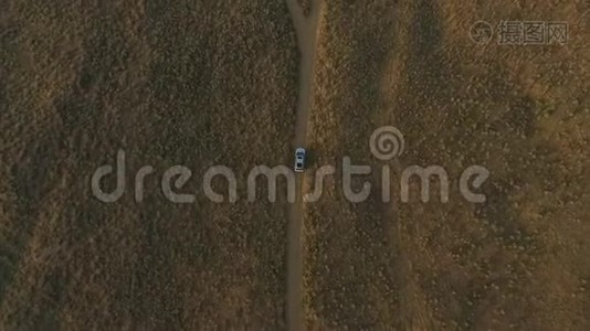 大银色越野车在草原或道路上的田野上俯视。视频