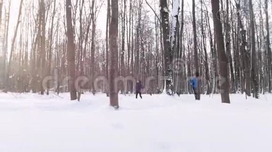 冬季森林。 男女青年晨跑视频