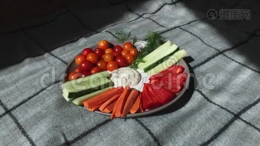黄瓜、胡椒、胡萝卜、青菜、樱桃西红柿等切好的蔬菜放在盘子的中间视频
