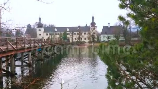 奥地利萨尔茨卡梅尔古特，格蒙登，奥尔特城堡，特拉恩西的天鹅视频