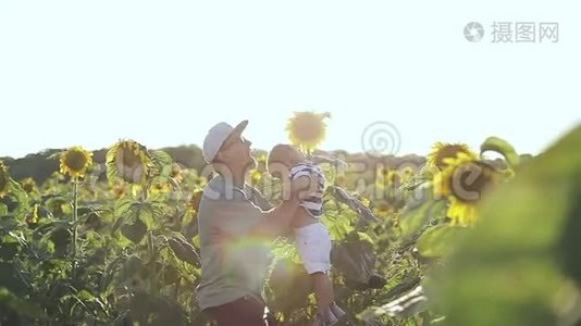 快乐的一家人在树林里向日葵在夏天。视频