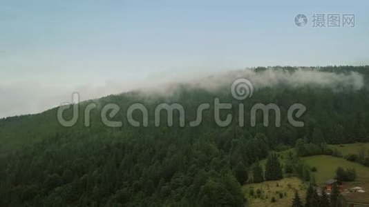 神秘而多雾的无人机在山上的雨林上空飞行。 全景观视频