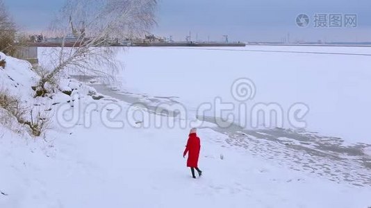 背面风景年轻女子穿着红色长夹克走在白雪覆盖的河岸上，弯曲的生长着桦树视频