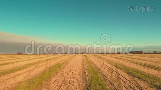 空中无人驾驶飞机在一片新鲜的麦田的日出上空低空飞行-2018年夏天视频