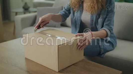 一个年轻女孩在客厅的沙发上打开一个纸板包裹视频