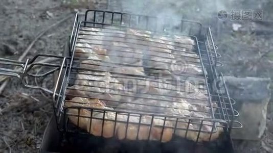 一小块多汁的肉，在烤架上的煤上煮熟. 露天烧烤.. 从视频