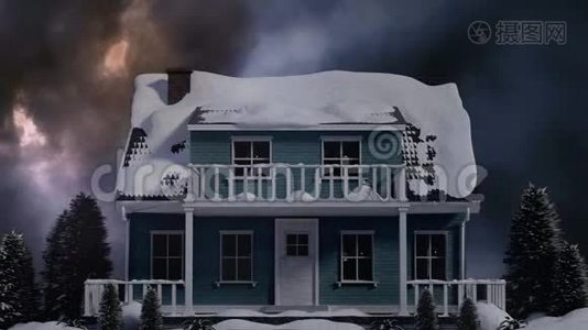 暴风雨日有雪片的房子视频