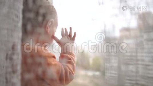 一个金发小男孩站在窗台上，望着窗外视频