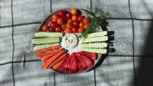 黄瓜、胡椒、胡萝卜、青菜、樱桃西红柿等切好的蔬菜放在盘子的中间视频
