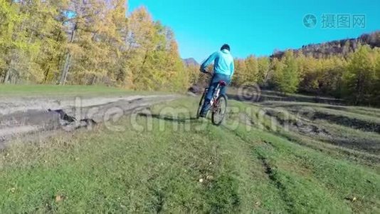 一个女孩骑着自行车沿着森林公路行驶。视频