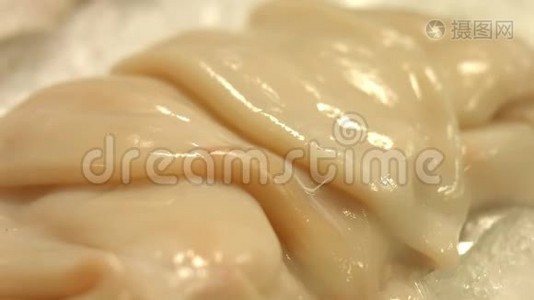 鱿鱼，三文鱼牛排和三文鱼片。视频