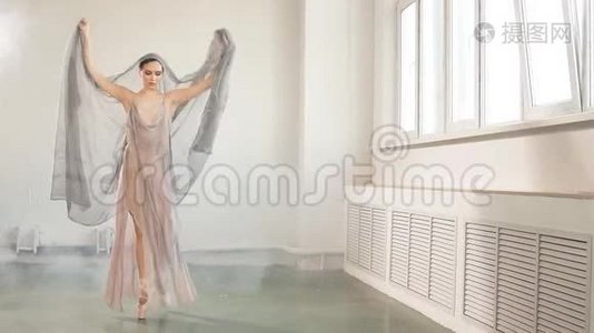 芭蕾舞演员穿着一件风景优美的衣服，正在演播室里跳舞。 身体芭蕾和艺术视频