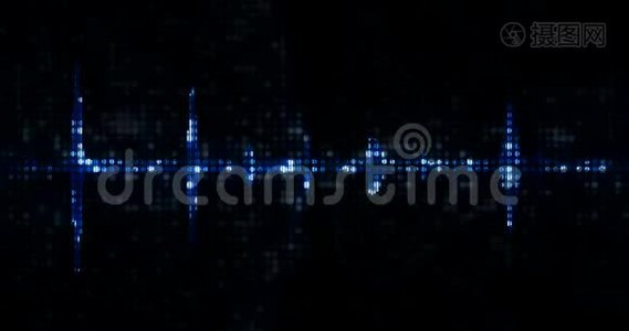 黑色背景上的蓝色数字均衡器音频频谱声波，垂直立体声效果信号视频