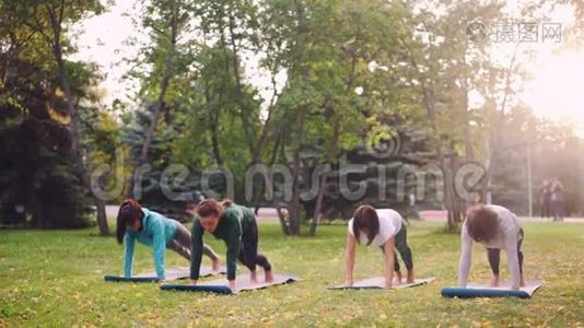 秋日，一群年轻女士在公园户外练习瑜伽，灵活的女孩在垫子上锻炼。 人民视频