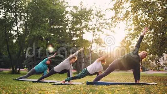 穿运动服的漂亮女人在秋天的晴天在公园里做瑜伽运动，享受练习和锻炼视频