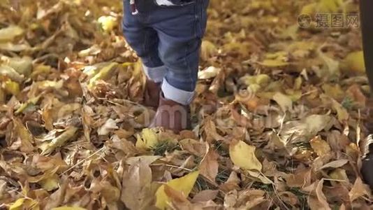 一个一岁的小男孩和他的母亲穿着棕色靴子和蓝色牛仔裤，在秋天的公园里散步视频