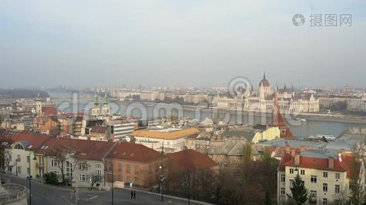 匈牙利议会大厦、多瑙河和城市景观的鸟瞰图视频