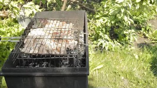 准备烤架上的生肉烧烤.. 在阳光明媚的夏日野餐时，他烤猪肉，转烤架视频