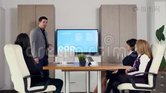 大屏幕电视上展示公司数据的成年商人视频