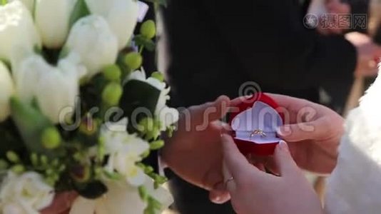 家庭生活快乐。 新娘手里拿着一个装有黄金宝石的红色盒子。 新娘的结婚礼物。视频