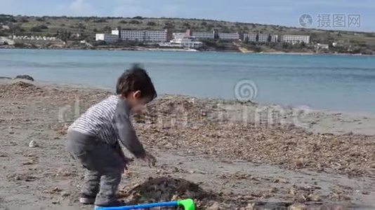 可爱的幼儿在沙滩上玩塑料高尔夫球棒和沙滩海藻视频