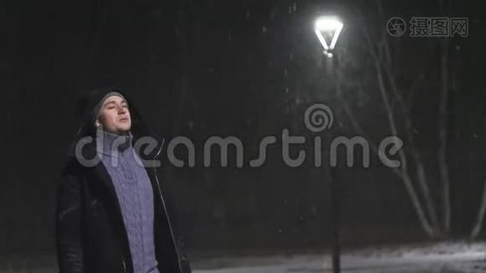 街灯里的那个人。 `在灯的背景下下雪。 在180fps内缓慢运动.. 雪花真美视频