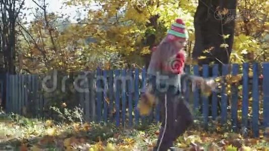 有趣的孩子们玩得很开心，在秋天的公园里玩枫叶视频