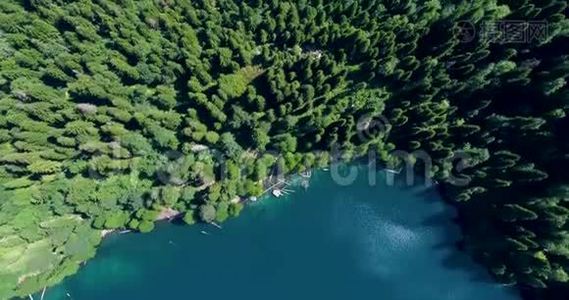 从山顶俯瞰美丽的松林，可以看到马来亚-里萨-阿布哈兹蓝山湖的全景。视频