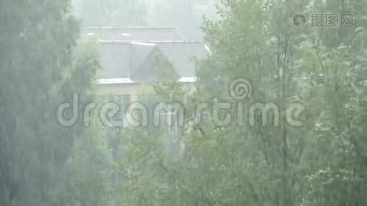 城市里的夏季大雨。 绿色树木和房屋屋顶的俯视图。 4K视频视频