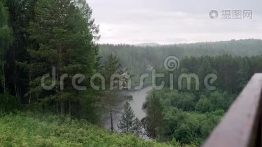 伴山河林区降雨天气.. 库存录像。 美丽的风景，暴雨来袭视频