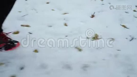 冬季森林中，运动员脚在雪道上奔跑视频