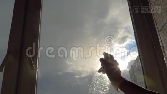 家庭主妇在窗户玻璃清洁剂上喷洒清洁剂并用刷子清洗视频